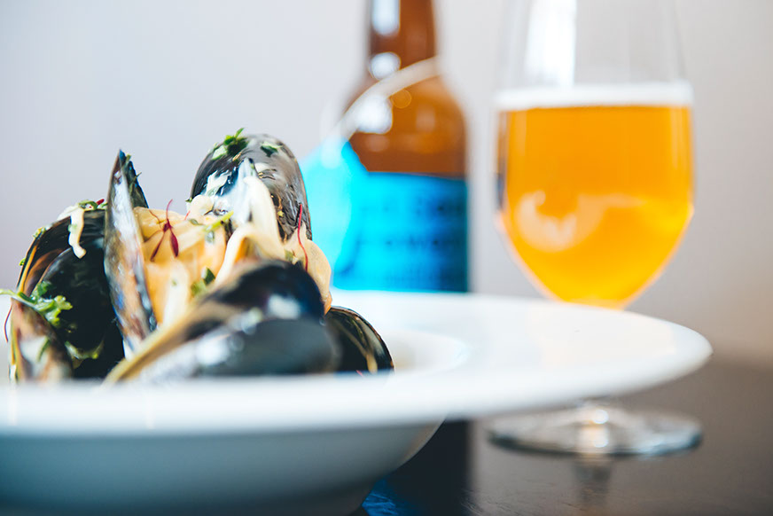 Fresh mussels served with a pint of Yorkshire ale